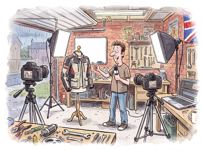 Illustration of social media influencer reviewing motorcycle gear in his garage